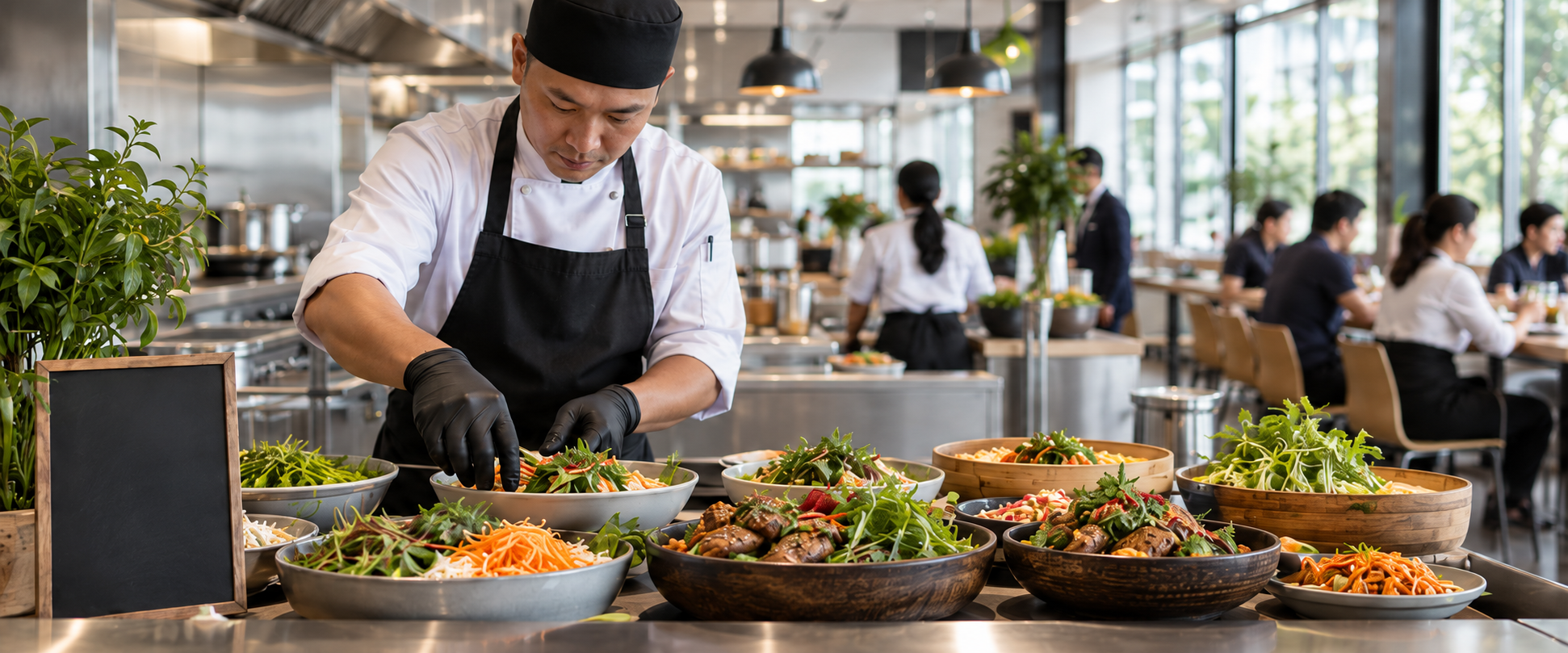 Hình ảnh ý tưởng: đầu bếp chuẩn bị bữa trưa tại căn tin doanh nghiệp hiện đại